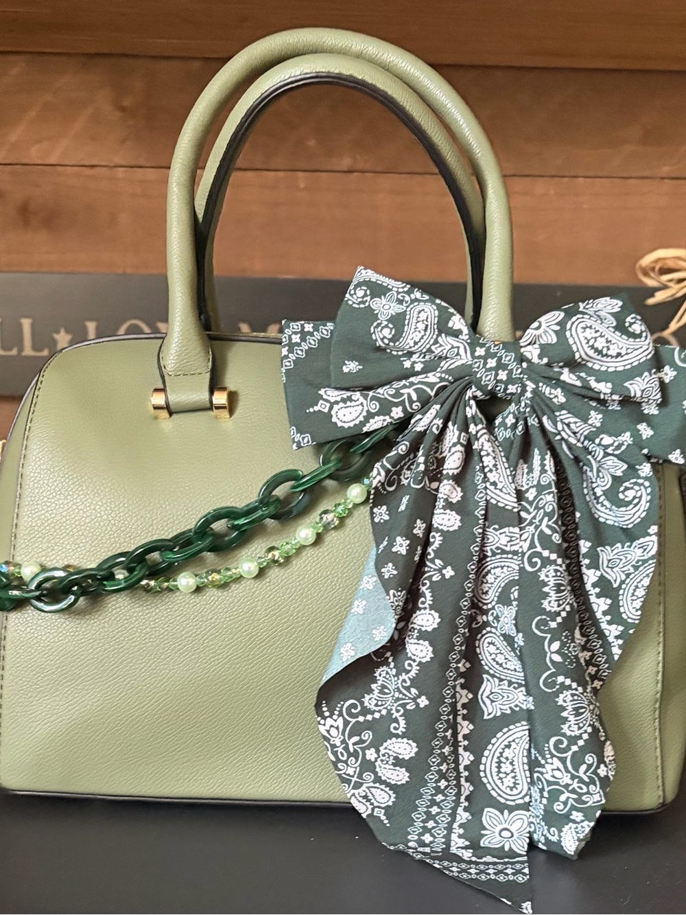 Sage Green Vegan Leather Satchel Crossbody Bag w/ Chain Charm & Bow